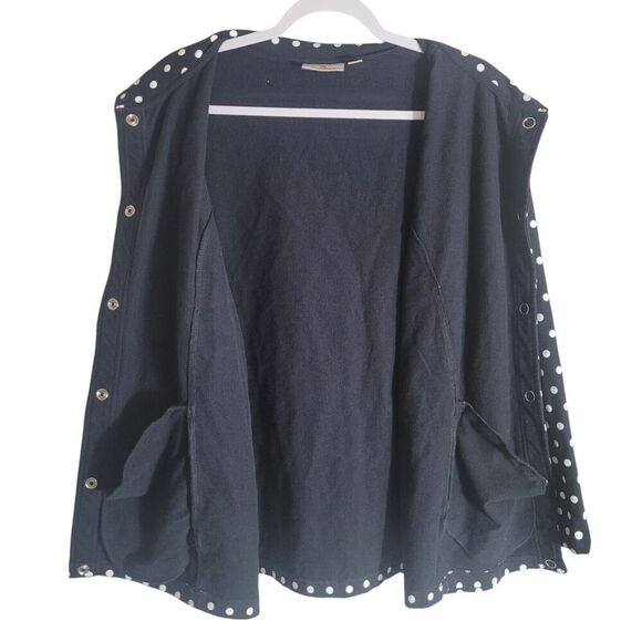 Quacker Factory Polka Dot Snap Button Top Womens Size 1X Black Mock Neck Pockets - Picture 3 of 9